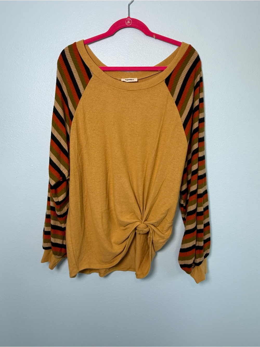 ADORA Mustard Knit Top with Multicolor Striped Raglan Sleeves